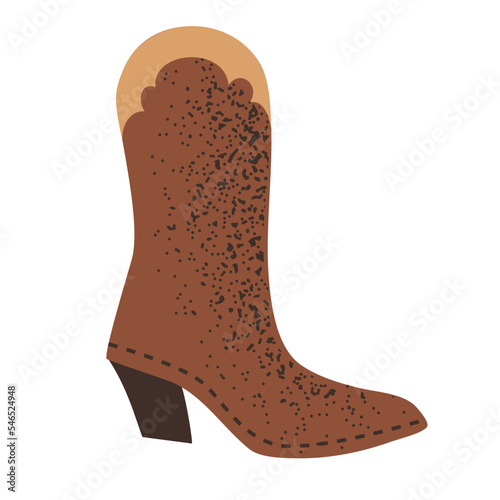 Hand drawn brown ladies cowboy boot with heel, isolated vector illustration in flat style