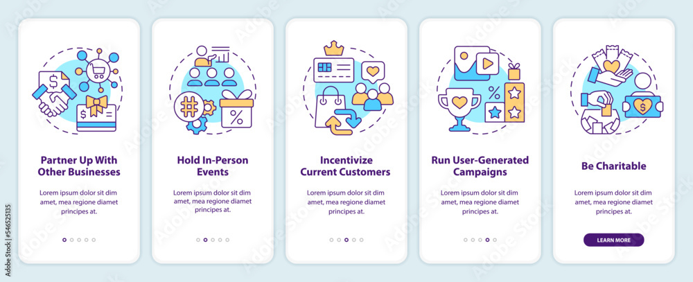 Attract more customers to business tips onboarding mobile app screen. Walkthrough 5 steps editable graphic instructions with linear concepts. UI, UX, GUI template. Myriad Pro-Bold, Regular fonts used