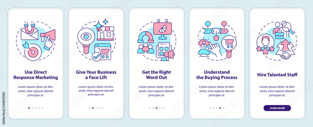 Attracting new customers strategies onboarding mobile app screen. Walkthrough 5 steps editable graphic instructions with linear concepts. UI, UX, GUI template. Myriad Pro-Bold, Regular fonts used
