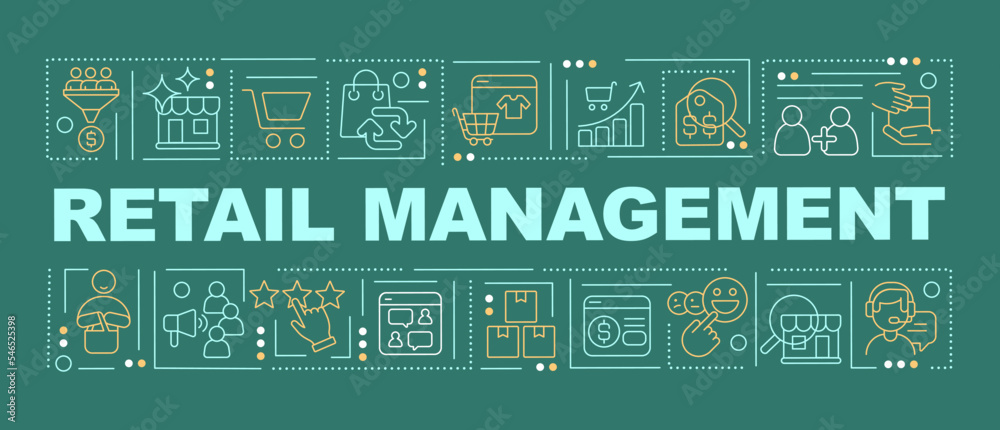 Retail management word concepts dark green banner. Client service. Infographics with editable icons on color background. Isolated typography. Vector illustration with text. Arial-Black font used