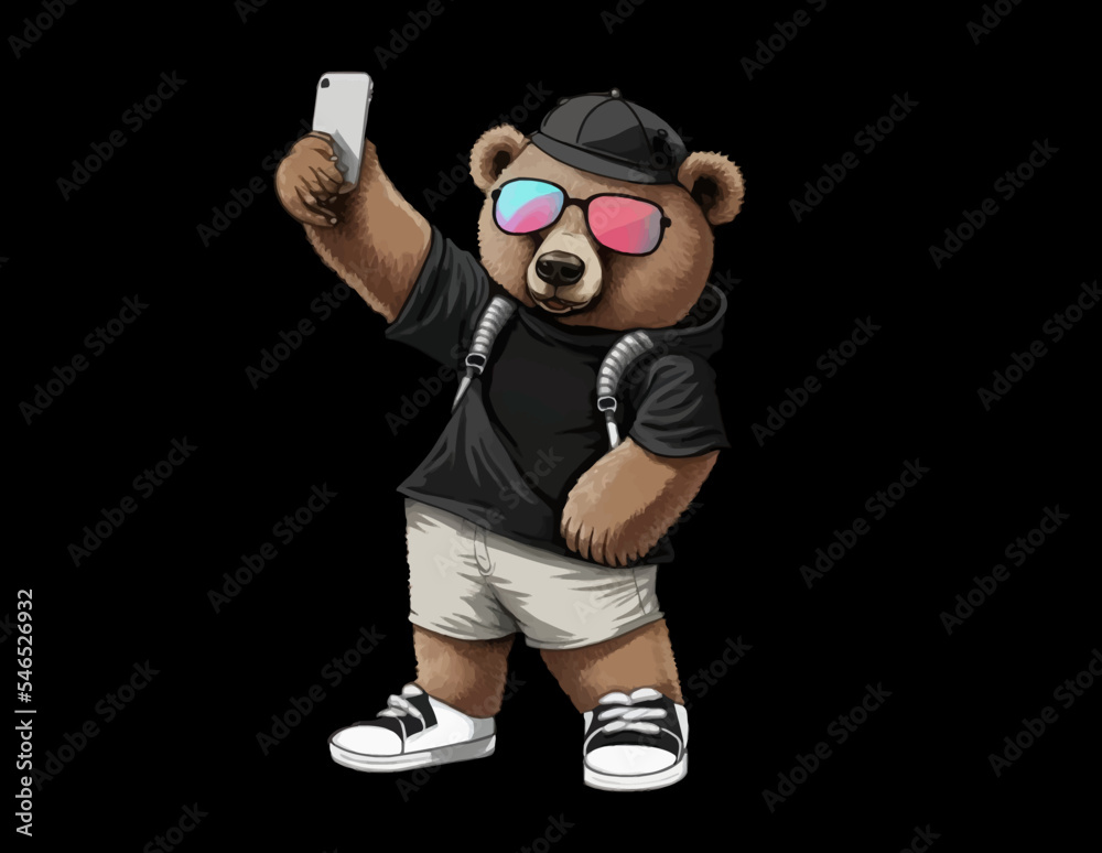 Cute bear takes a selfie. A moderny dressed teddy bear on a black