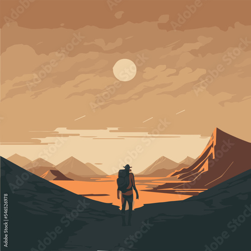 Man hiking in nature. Vector art of an adventurer in nature exploring the outdoors. Travel illustration. Person with a backpack walking. Young man on a journey. Silhouette of trekking. Summer activity