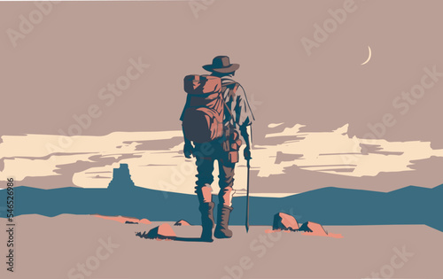 Man hiking in nature. Vector art of an adventurer in nature exploring the outdoors. Travel illustration. Person with a backpack walking. Young man on a journey. Silhouette of trekking. Summer activity