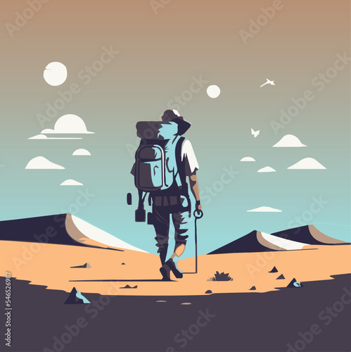 Man hiking in nature. Vector art of an adventurer in nature exploring the outdoors. Travel illustration. Person with a backpack walking. Young man on a journey. Silhouette of trekking. Summer activity