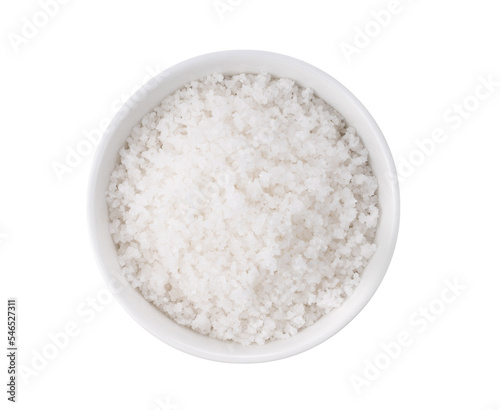 Sea salt in white bowl isolated on transparent png