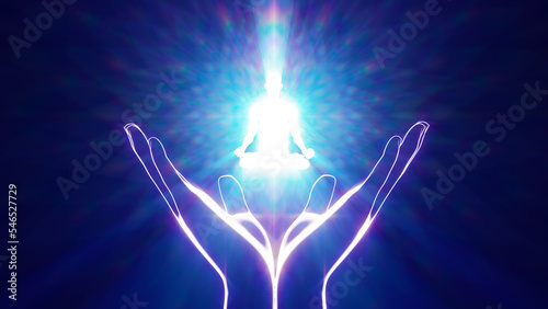 3d illustration of a shining man in a meditative pose in the hands of higher powers