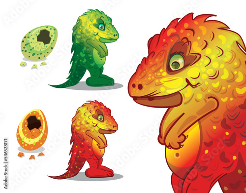 stylized dinosaur hatched from egg, green crocodile, vector illustration with gradient