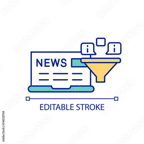 Find reliable news source RGB color icon. Information filtering system. Media consumption control. Isolated vector illustration. Simple filled line drawing. Editable stroke. Arial font used