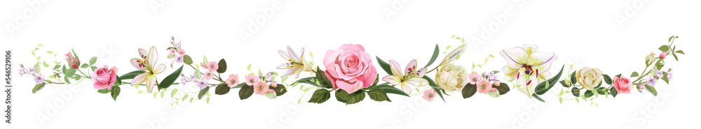 Panoramic view with white, pink gentle roses, lilies, spring blossom. Horizontal border for Valentine's Day: flowers, buds, leaves on white background, digital draw, vintage watercolor style, vector