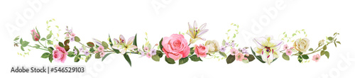 Panoramic view with white, pink gentle roses, lilies, spring blossom. Horizontal border for Valentine's Day: flowers, buds, leaves on white background, digital draw, vintage watercolor style, vector