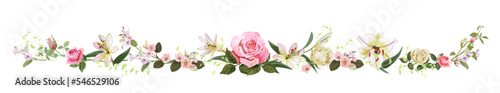 Panoramic view with white, pink gentle roses, lilies, spring blossom. Horizontal border for Valentine's Day: flowers, buds, leaves on white background, digital draw, vintage watercolor style, vector