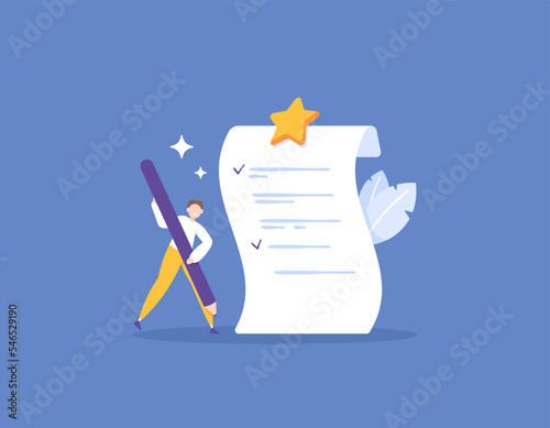 wishlist. a man writes down some wishlists that he wants to achieve or have. surveys, questionnaires, questions. note paper. illustration concept design