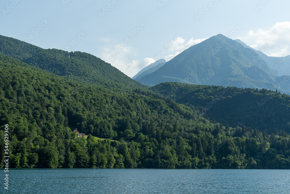 Forrest mountains next to a river in Barcis, Italy Forrest mountains next to a river in Barcis, Italy