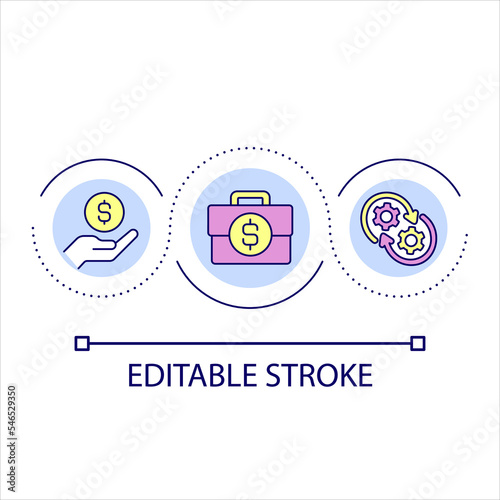 Company budget management loop concept icon. Business financial regulation. Revenue growth. Profitable abstract idea thin line illustration. Isolated outline drawing. Editable stroke. Arial font used