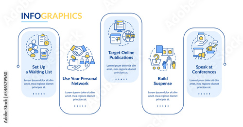 Getting first clients strategy rectangle infographic template. Data visualization with 5 steps. Editable timeline info chart. Workflow layout with line icons. Lato-Bold, Regular fonts used