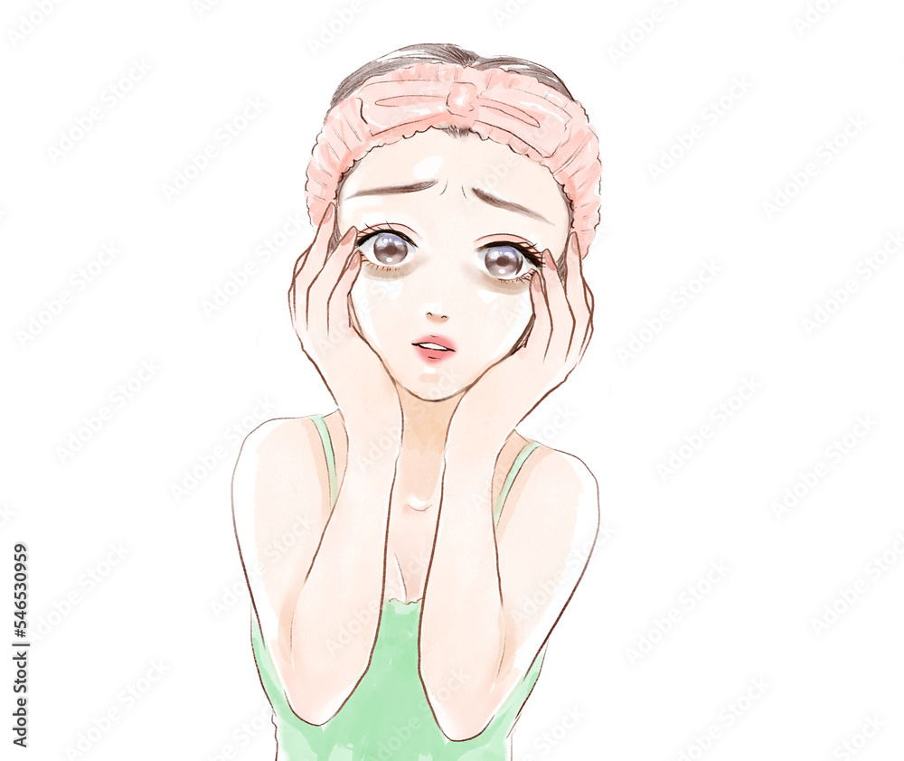 肌トラブル、老化した肌のシミ、シワ、くすみに怯える30代後半女性の水彩画風カラー漫画イラスト 肌トラブル、老化した肌のシミ、シワ、くすみに怯える30代後半女性の水彩画風カラー漫画イラスト