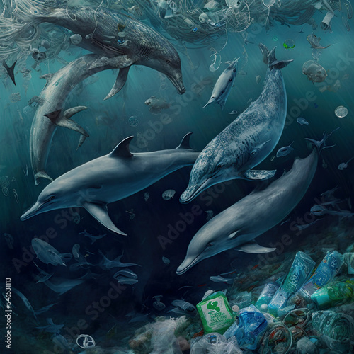 Dolphins swimming in an Ocean full of Trash  digital 3D Illustration 