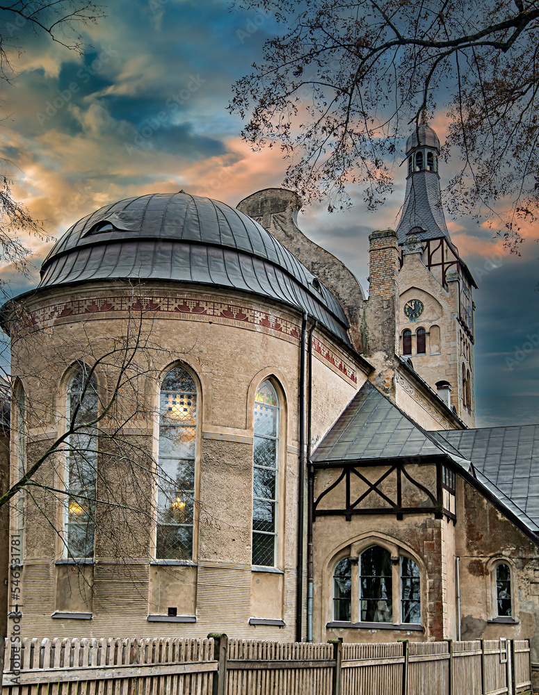 Fototapeta premium Lutheran church in village of Dubulti in Jurmala, Latvia. It was built in 1909 with traits of asymmetry and national Latvian romanticism style. Architect W. Bokslaf 