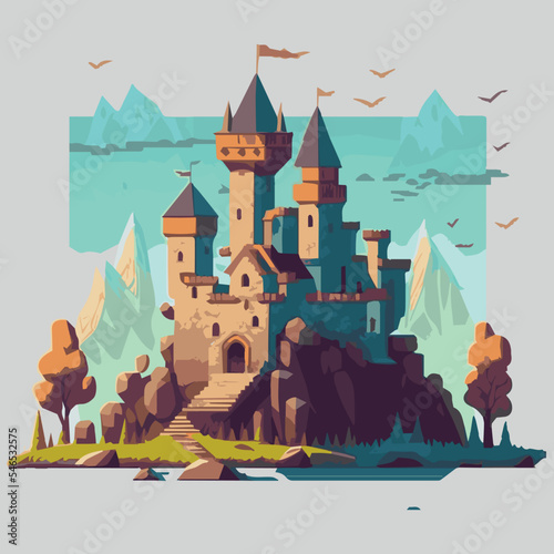 Medieval castle vector illustration. Cartoon doodle of fantasy kingdom.