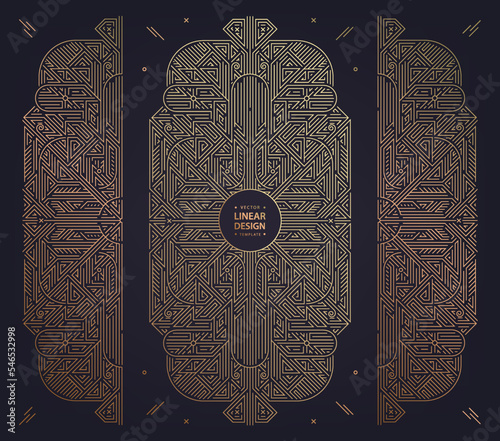 Vector set of art deco design elements, labels and frames for luxury products, golden linear fancy backagrounds, gatsby vintage style. Use for invitations, posters, prints, packaging