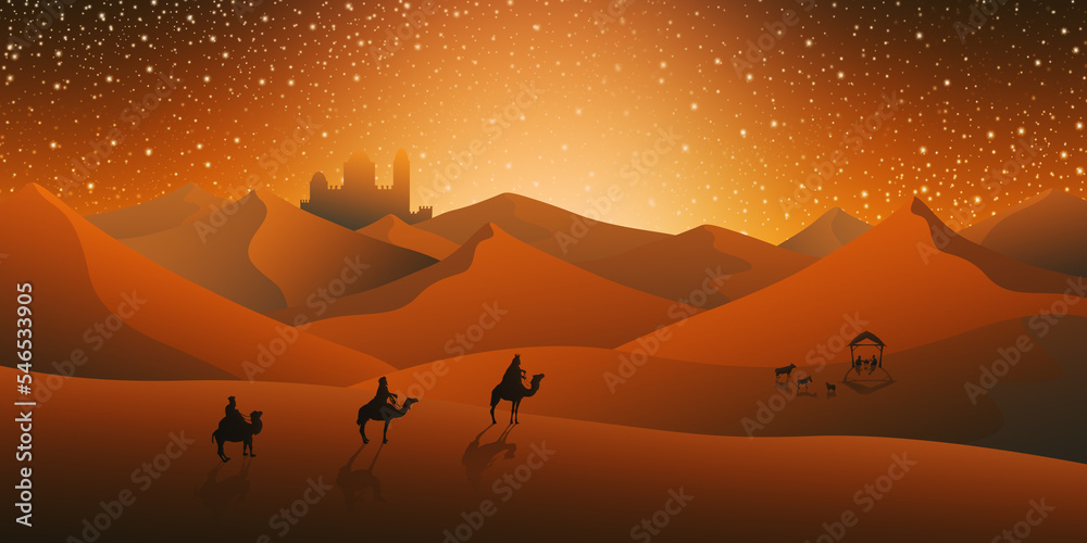 Christmas Nativity Scene of three Wise Men Magi going to meet Baby Jesus in the Manger with the city of Bethlehem in the distance Illustration