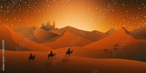 Christmas Nativity Scene of three Wise Men Magi going to meet Baby Jesus in the Manger with the city of Bethlehem in the distance Illustration