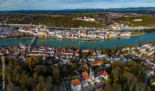 Aerial view of the city Passau in Germany, on a sunny day in autumn