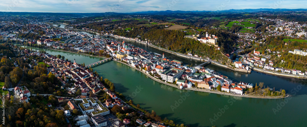 Aerial view around the city Passau in Germany., Bavaria on a sunny day in autumn