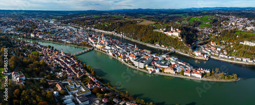 Fototapeta Naklejka Na Ścianę i Meble -  Aerial view around the city Passau in Germany., Bavaria on a sunny day in autumn