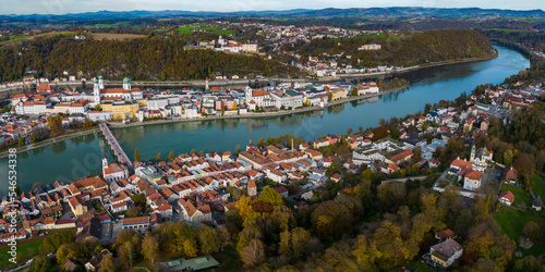Aerial view around the city Passau in Germany., Bavaria on a sunny day in autumn