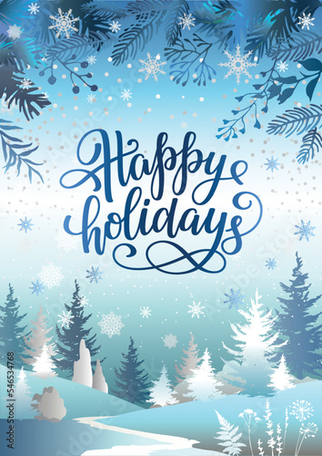 Happy holidays greeting card with spruce forest and lettering inscription. Winter holiday banner.
