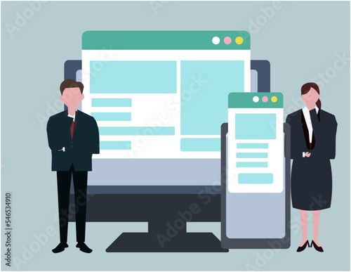 Webサイトについて考えるビジネスマンのチーム。パソコンとホームページ制作をするデザイナー。スーツを着た男女。ベクターイラスト