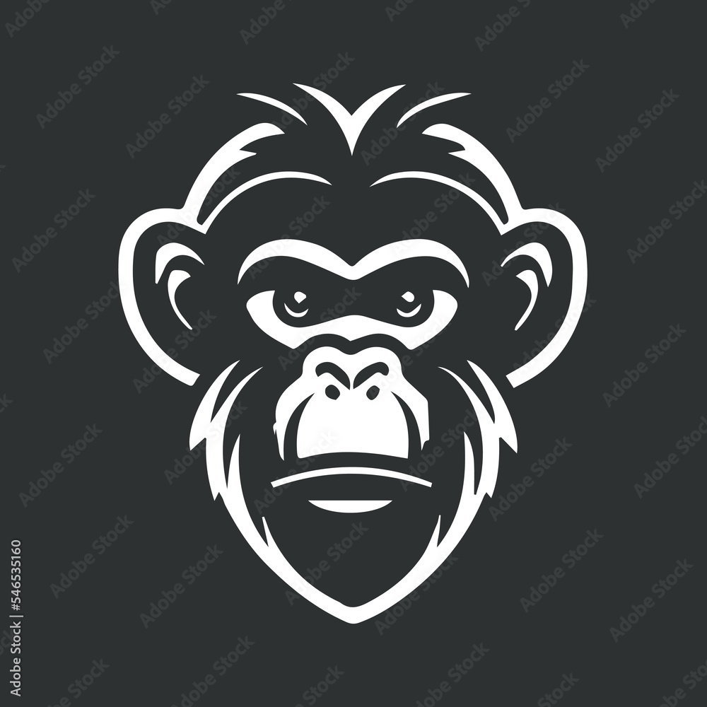 Monkey head clean modern logo. Simple minimal animal icon. Illustration for business company. Wildlife concept emblem. Flat logotype. Geometric isolated silhouette style.  Vector element. Line icon. 