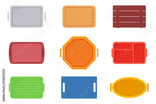 A set of food trays.Trays for carrying food and serving in fast food establishments and cafeterias .Trays made of wood, metal and plastic.Vector illustration.
