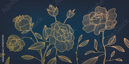 Vector art deco luxury flower, roses line pattern, golden background. Hand drawn florals for packaging, social media post, cover, banner, creative post and wall arts. Japanese style. Black and gold photo