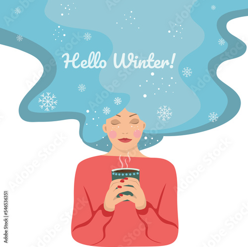 Woman in red sweater with cup of hot drink. Woman with coffee. Winter time, happy holidays, hygge. 