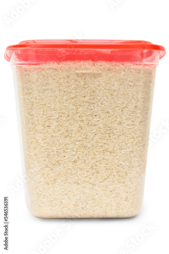 Pote plástico transparente com tampa, utilizado para guardar mantimentos, pote cheio de arroz. photo