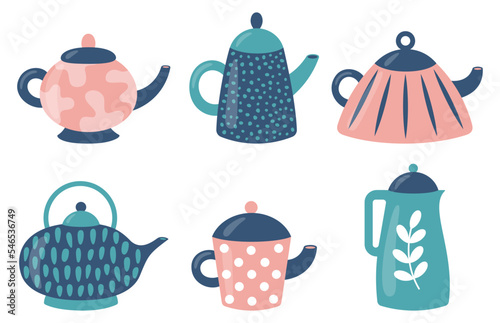 Set of cute teapots with different ornament. Kettle, tea and coffee or kitchen crockery theme. Vector illustration in flat style isolated on white background.