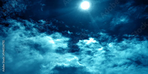 blue sky with clouds background, dark glowing night sky moon reflection light on the clouds, surface vector, and illustration sky wallpaper. © Raw
