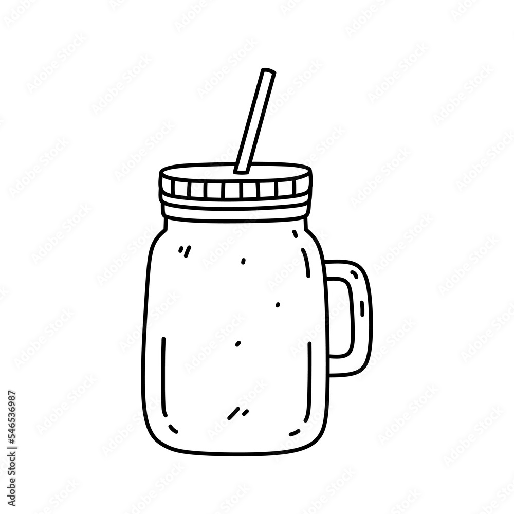 Glass mason jar with handle and drinking straw isolated on white background. Vector hand-drawn illustration in doodle style. Perfect for decorations, logo, various designs. Glass mason jar with handle and drinking straw isolated on white background. Vector hand-drawn illustration in doodle style. Perfect for decorations, logo, various designs.