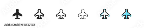 Airplane set icon. Air transport, navigate, fly, private, military, cargo, travel, pilot, traffic, blades, passengers. Technology concept. Vector line icon on white background