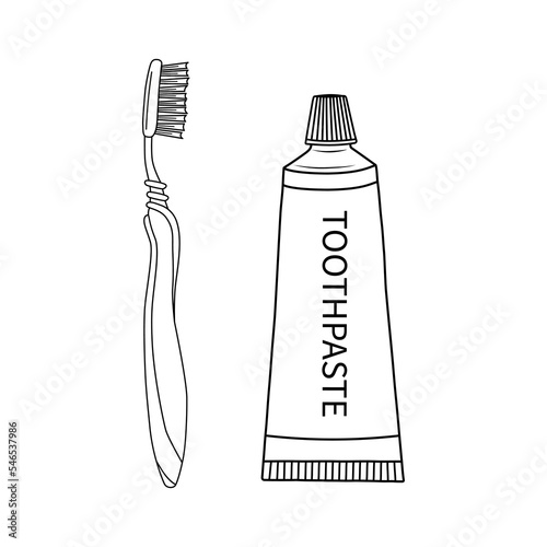 Stock vector toothbrush and toothpaste hand drawn outline black and white illustration