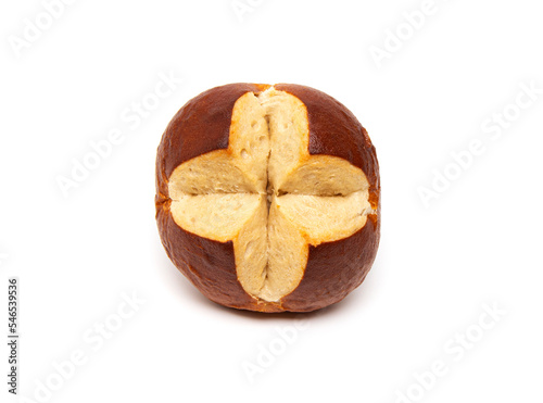 Traditional Bavarian pretzel roll bun isolated on white background