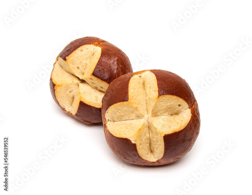 Traditional Bavarian pretzel roll bun isolated on white background photo
