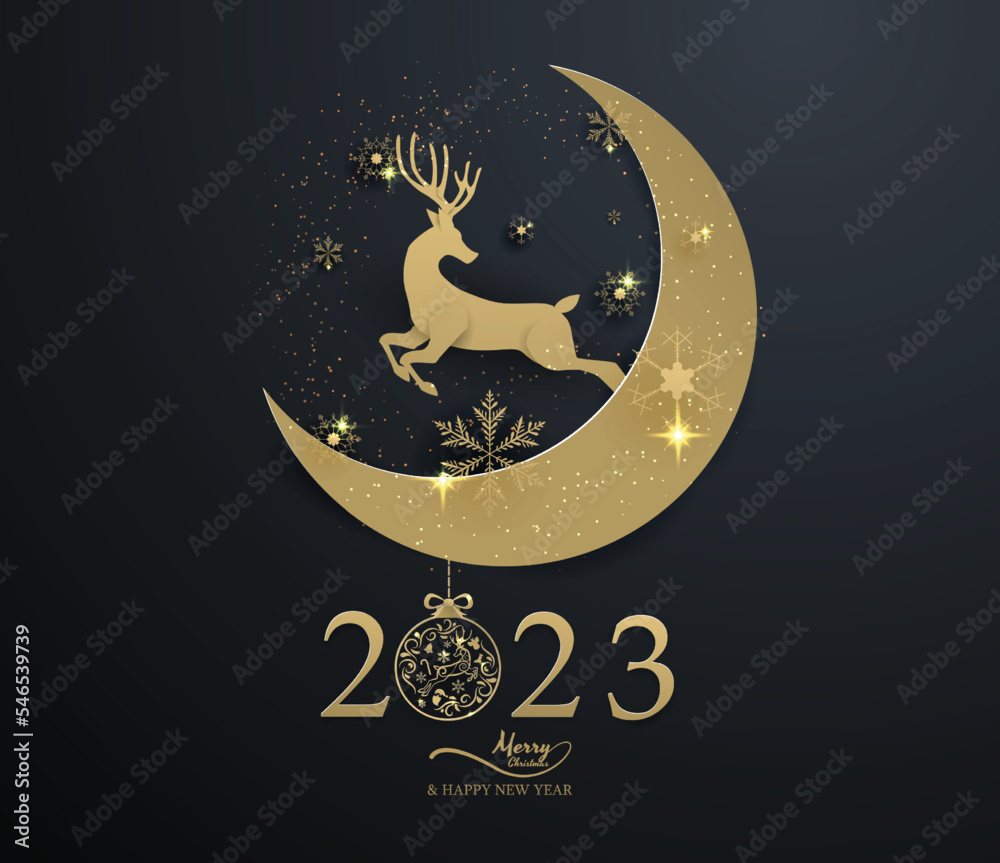 gold reindeer jump from moon on black background,merry christmas ,happy new year 2023 gold reindeer jump from moon on black background,merry christmas ,happy new year 2023