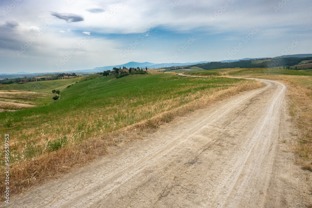 Fototapeta premium Italian landscape along via Francigena, between Siena and Ponte d'Arbia, Tuscany, June 2022