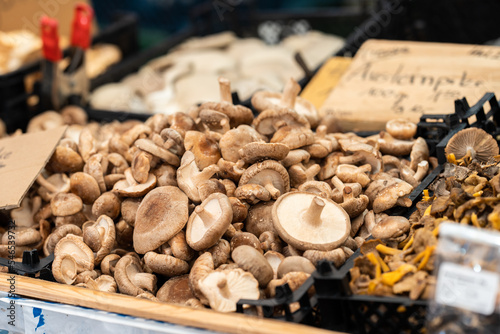 Mushrooms lying in baskets selling at local market. Organic food.