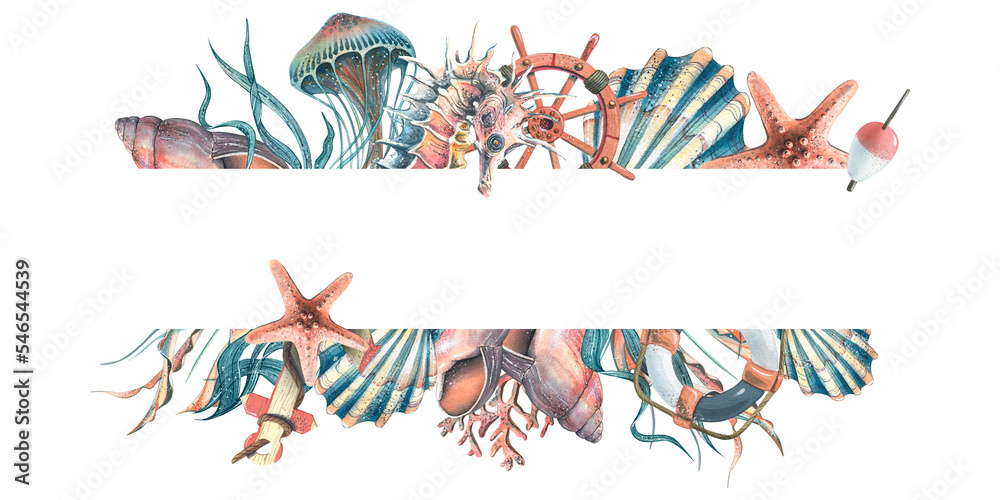 Marine animals with an anchor, a lifebuoy and a steering wheel. Watercolor illustration. Horizontal board, frame from the SYMPHONY OF THE SEA collection. For decoration and design.