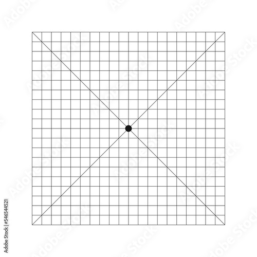 Amsler grid chart with dot in center and diagonal cross lines. Test to monitoring central visual field and detecting vision defects. Ophthalmologic diagnostic tool