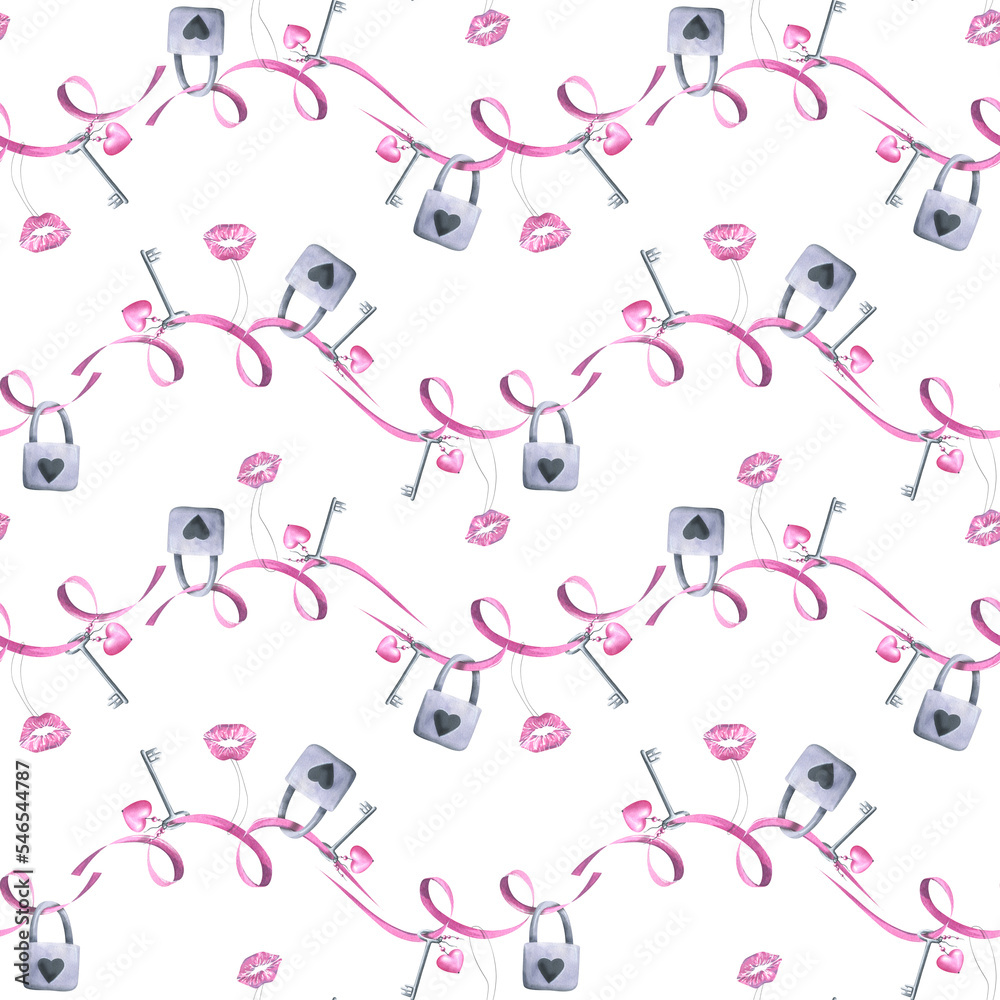 Ribbons with hanging locks, keys and kisses on a white background. Watercolor illustration. Seamless pattern from the VALENTINE'S DAY collection. For fabric, textiles, packaging paper, prints. Ribbons with hanging locks, keys and kisses on a white background. Watercolor illustration. Seamless pattern from the VALENTINE'S DAY collection. For fabric, textiles, packaging paper, prints.